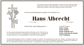 Traueranzeige von Hans Albrecht von Pegnitz-Zeitung